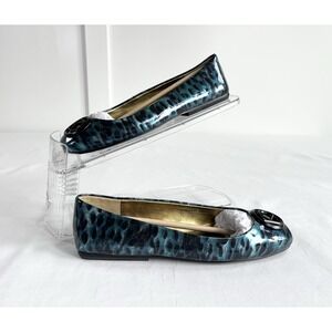 New Donna Karan Kylee Ballet Flats Slip On Patent Ocelot Print Oxide Blue Logo